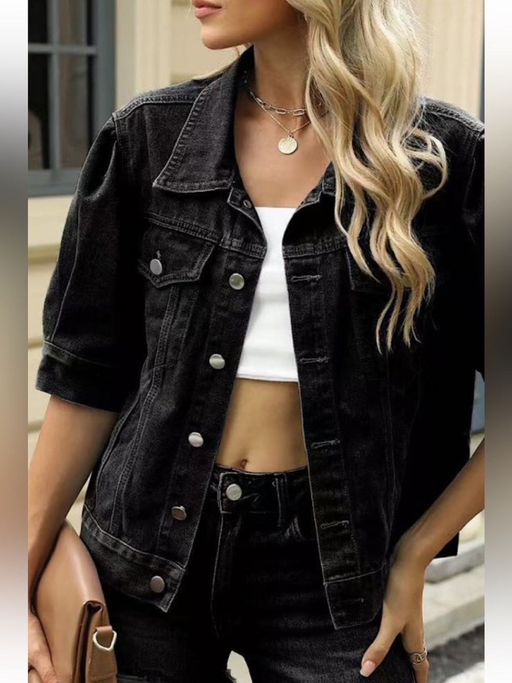 ShopEvelynne Black Denim Jacket with Puff Sleeves